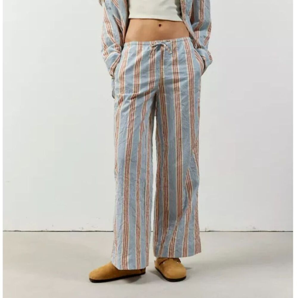BDG Joey Crinkle Pant, S Red White Blue Pinstripe Wide Leg Drawstring Lounge